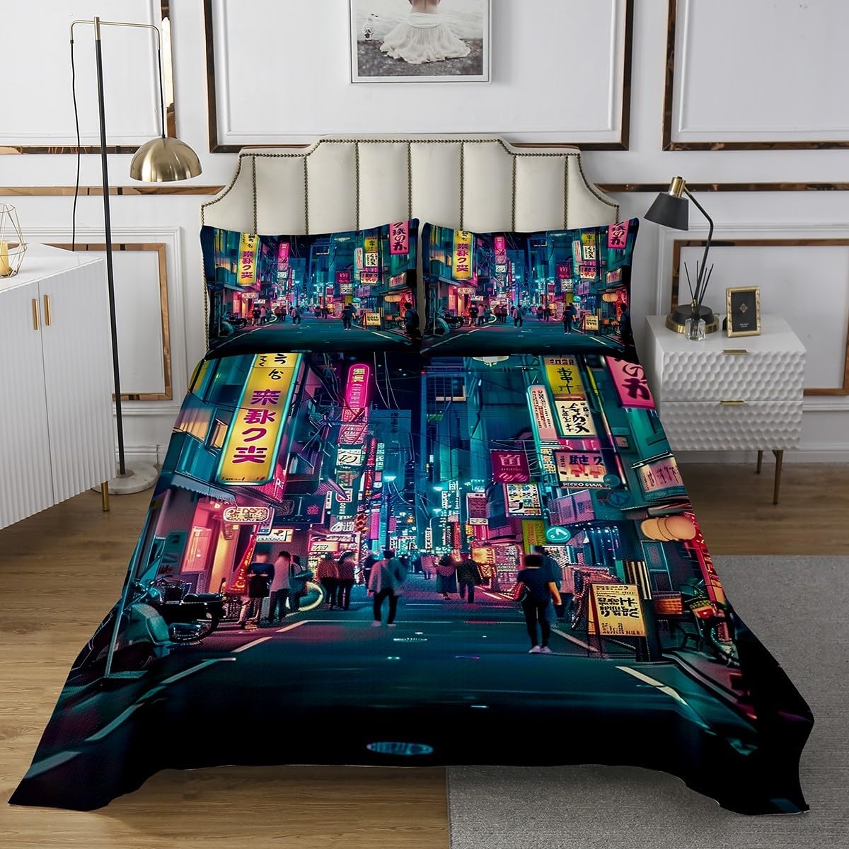 jejeloiu Japanese Art Quilted Coverlet Twin Size Tokyo Anime Bedspread for Boys Girls Japan Night City Coverlet Set Room Decorations Quilted 1 Bedspread+ 1 Pillow Sham