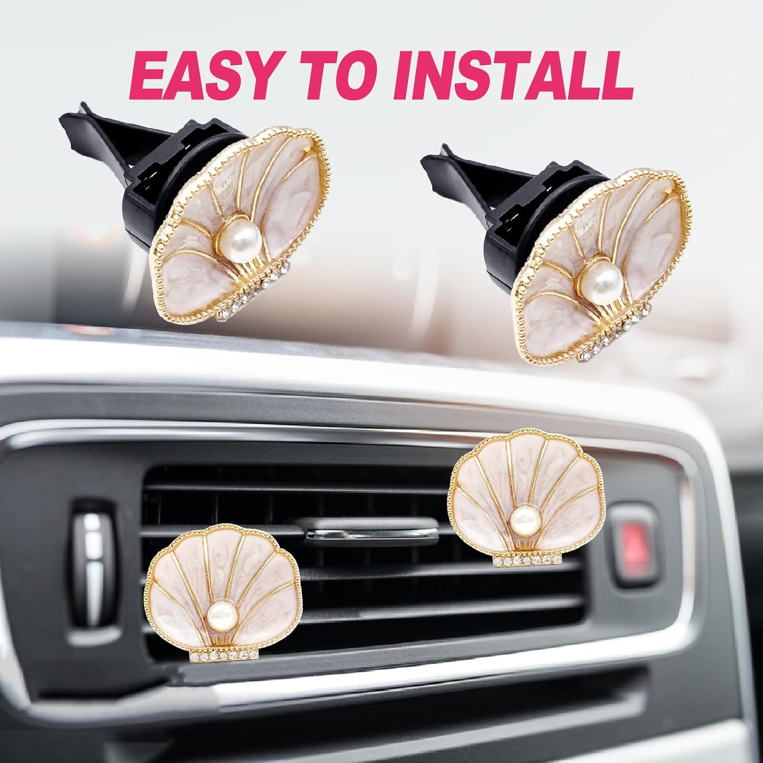 2Pcs Pearl Scallop Car Vent Clips, Coastal Beach Themed Air Freshener Decor for Women Mom, Elegant Seashell Car Accessories - Beige