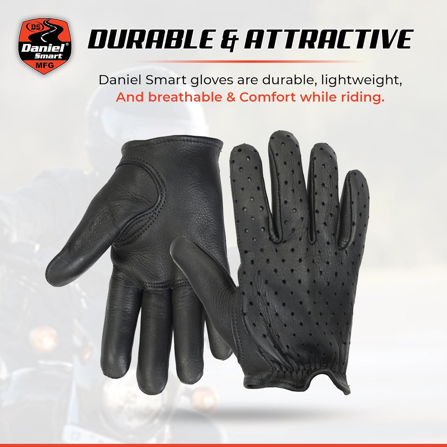 Daniel Smart Men’s Leather Gloves– Naked Goat Perforated Action Motorcycle Leather Gloves with Extra Air Flow and Short Wrist