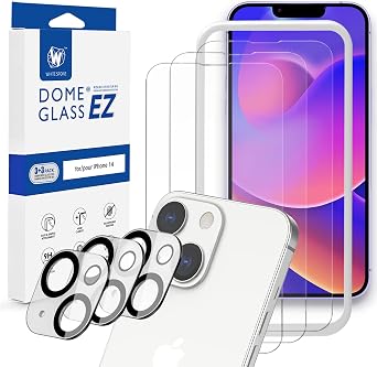 [Whitestone EZ] Glass 3pck + Cam 3pck [Dome Clear Glass EZ] Full Coverage Tempered Glass Shield [Easy Install- JIG type included] by Whitestone for Apple iPhone 14 - Three Pack iPhone 14 6.1"