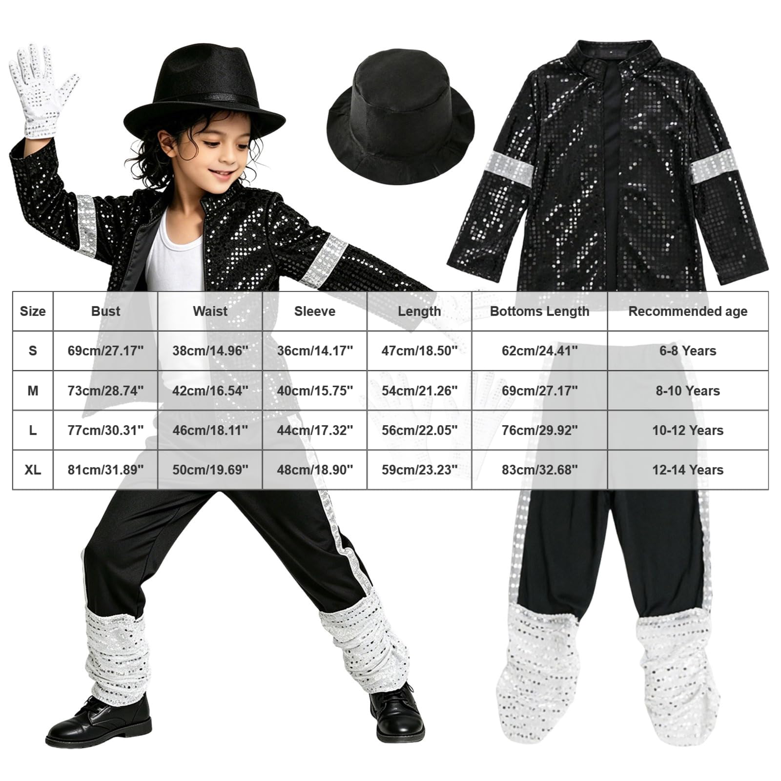 Deguisement Garcon Veste et Pantalon à Années 80-90 avec Tenue pour Halloween Fete Spectacle Enfant, Costume Pop Star Disco Années