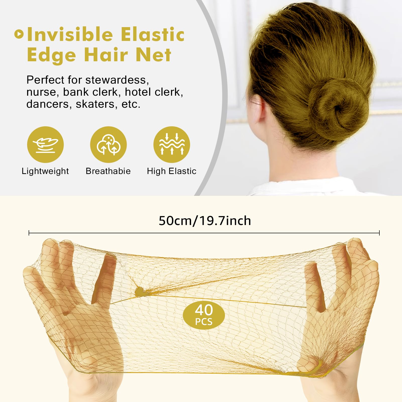 Bun Hair Nets 40Pcs, Invisible Elastic Edge Mesh Dance Balllet Bun Hair Net Mesh Hair Nets Invisible with 100pcs U Shaped Hair Pins for Ballet Bun, Sleeping, Women and Wig(Gold)