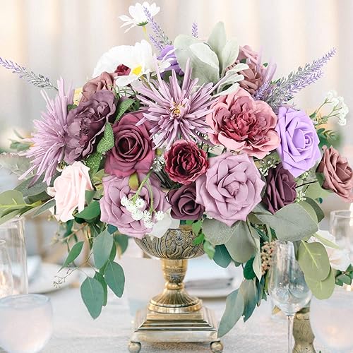 Miniatura 4 de LELEE Flores artificiales a granel para decoración de boda, flores falsas de seda púrpura polvoriento, rosas falsas de seda para ramos de boda,