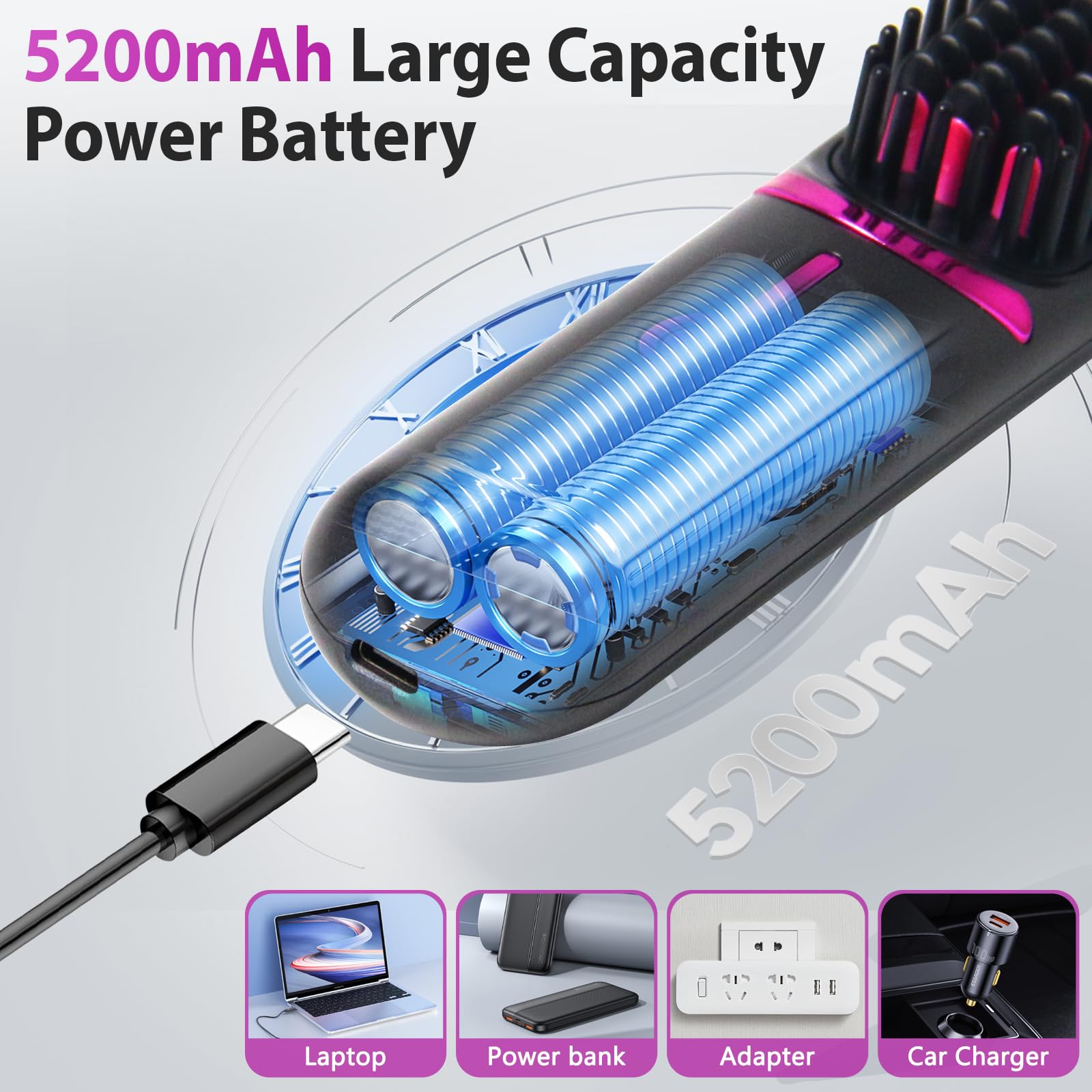 Spazzola Lisciante per Capelli 5200mAh, Piastra per Capelli | Senza Fili, Spazzola Elettrica Lisciante, Piastra Lisciante, 3 Temperature 160°C-200°C, Riscaldamento Rapido