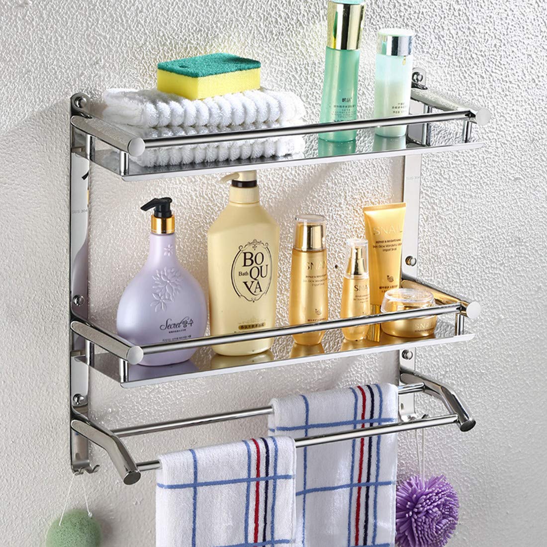 Sccot Bathroom Shelf with Rail, Stainless Steel Bathroom Rectangular Shower Caddy Basket Organizer Wall Mounted Bathroom Towel Rack, 3 Tier Length-60cm…