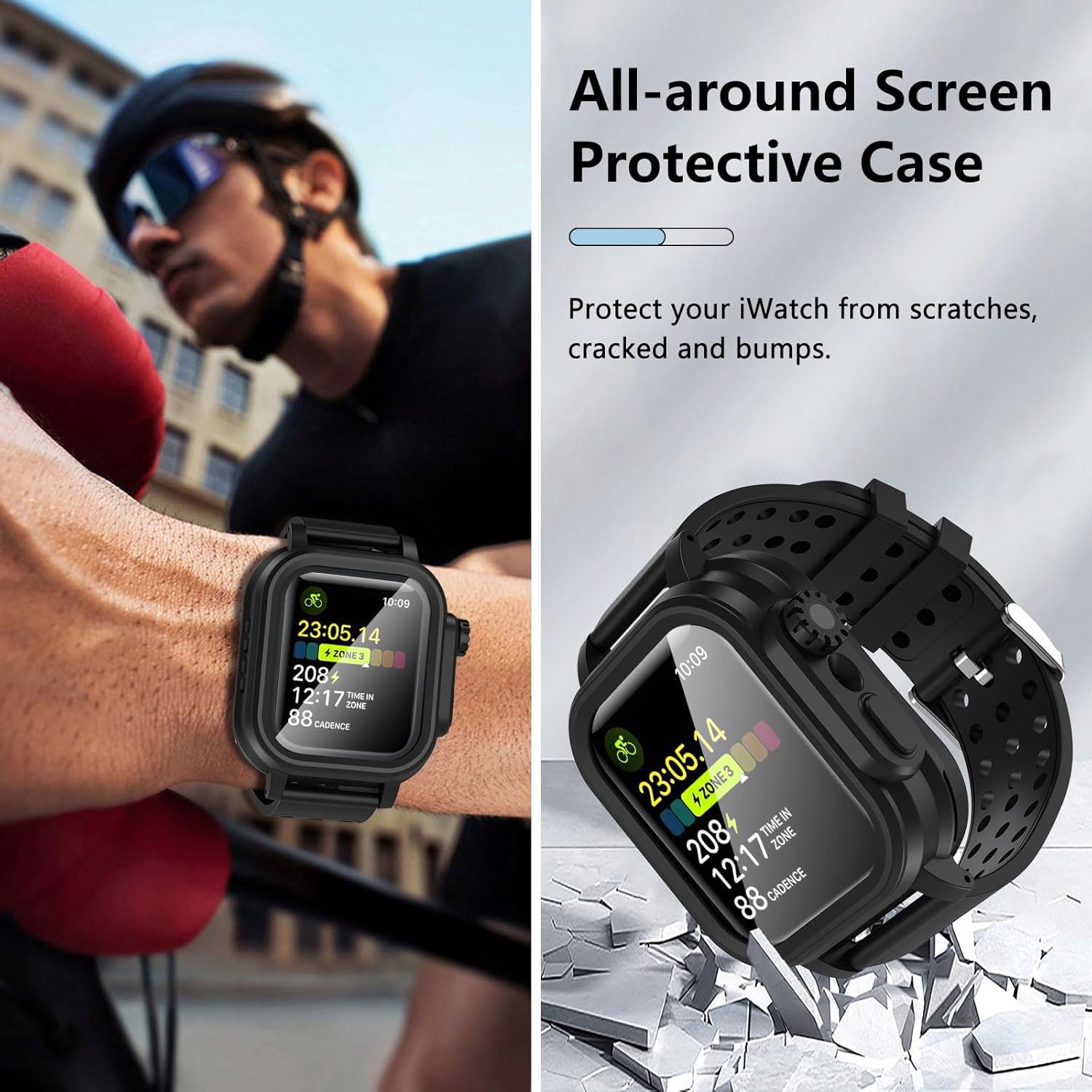Hensinple Waterproof Case for Apple Watch Band 45mm Series 8/7 with Built-in Screen Protector, IP68 Waterproof, 360 Full Protective Shockproof Durable Band Cover for Men Women, Black - Image 6