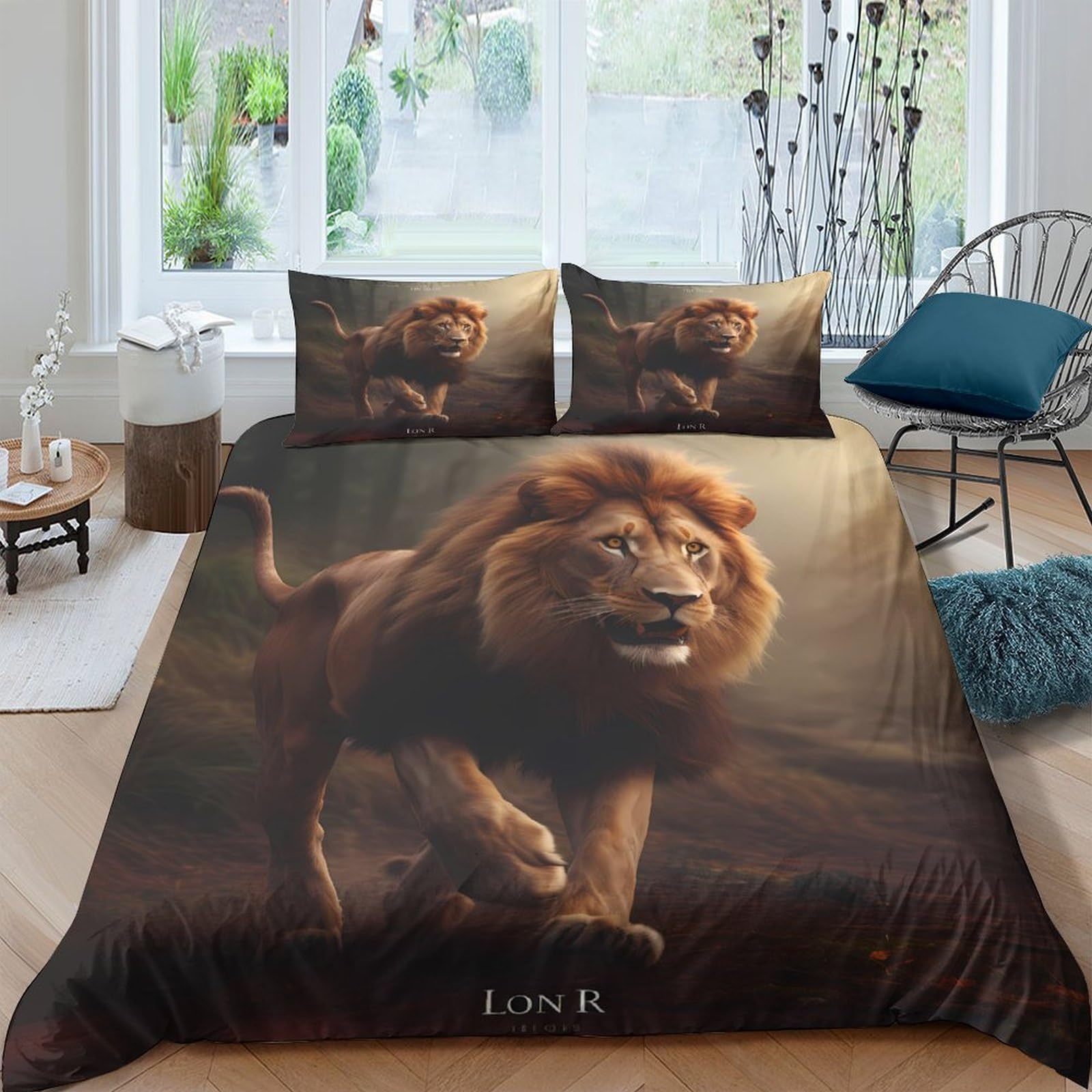 3D Printed Lion Running Duvet Cover Set Microfiber Soft Breathable Animal Bedding Set with 2 Pillowcases for Bedroom Décor Single（135x200cm）
