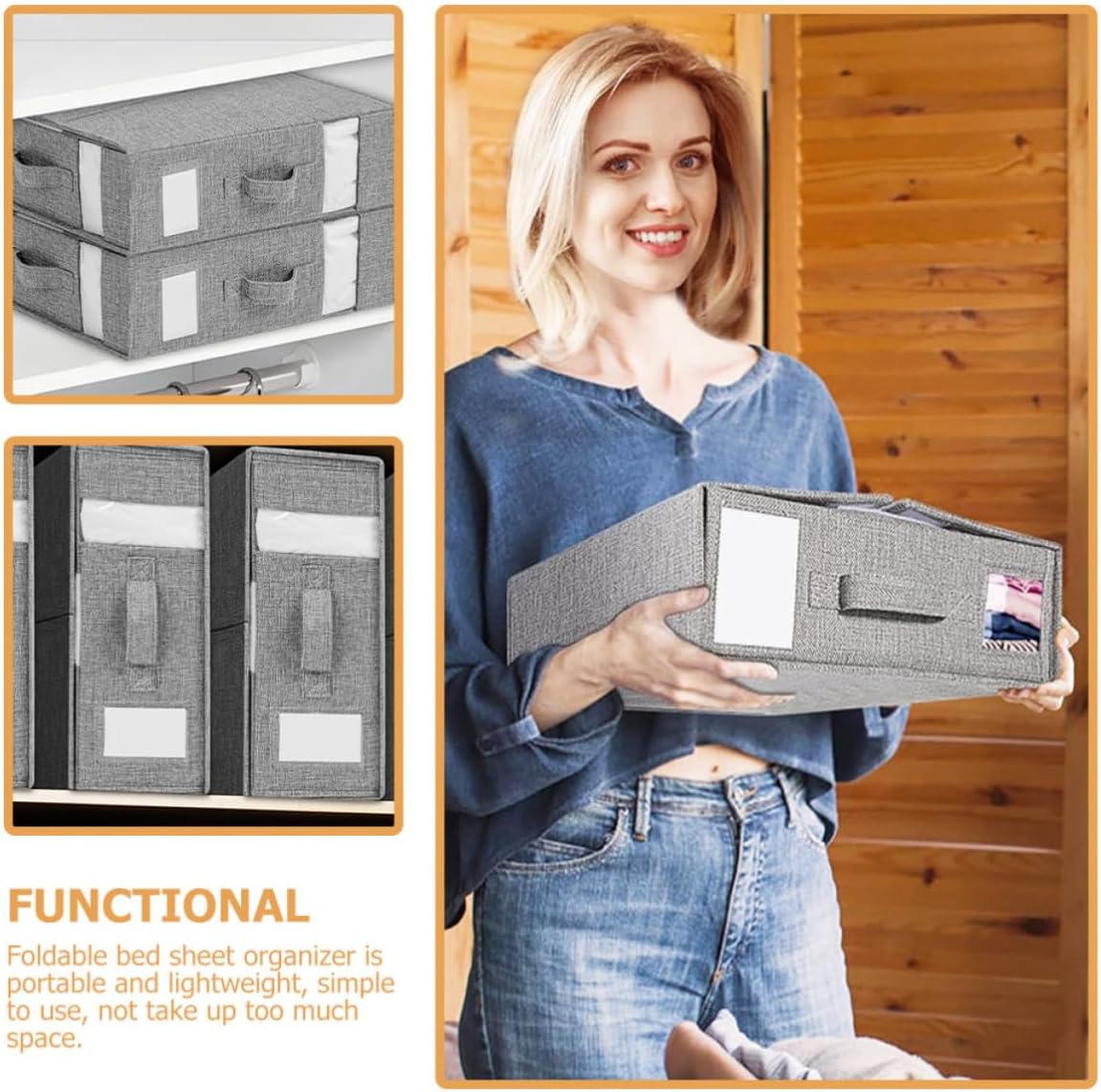 Large Capacity Foldable Bed Sheet Organizer Container with Zipper Closure and Window, Portable Fabric Storage Box for Wardrobes and Storage Cabinets