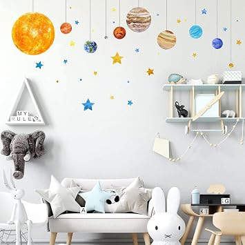 Planets and Space Wall Decals, Removable Solar System Wall Stickers, Cartoon Stars Wall Decor, Peel and Stick Universe DIY Art Murals Vinyl Wallpaper for Kids Boys Bedroom Nursery Decoration