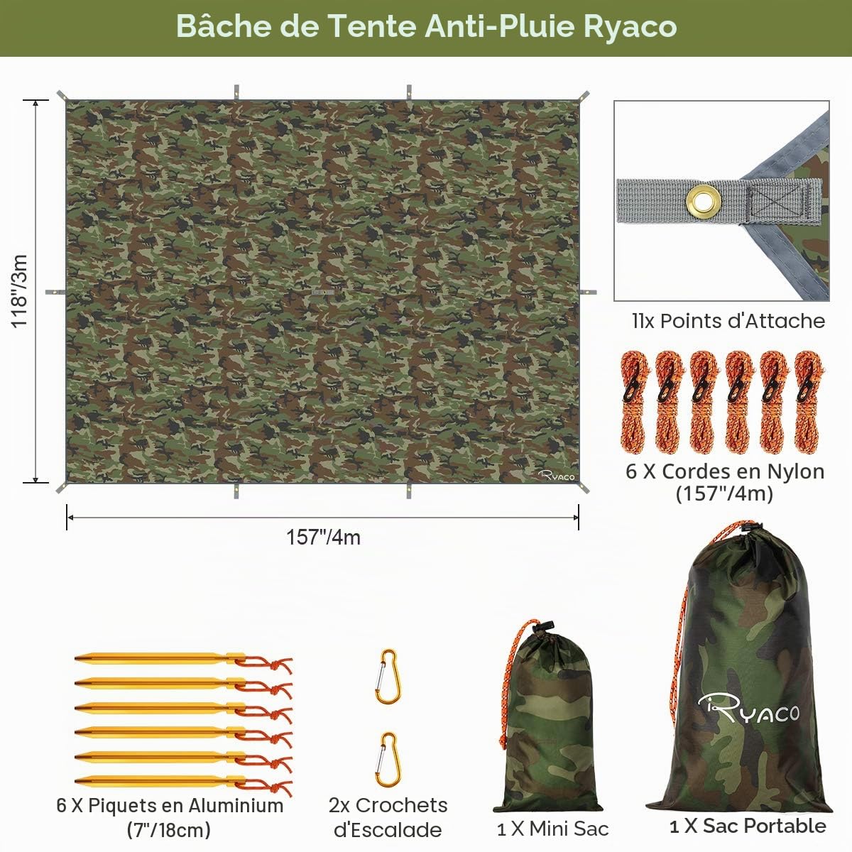 RYACO Bâche Anti-Pluie,3M x 4M Camping Bâche Rain Tarp Toile de Tente Imperméable Abri de Randonnée Pliable Portable Grande Taille avec Zippées et Poche en Filet pour Bouteille d'eau pour Picnic