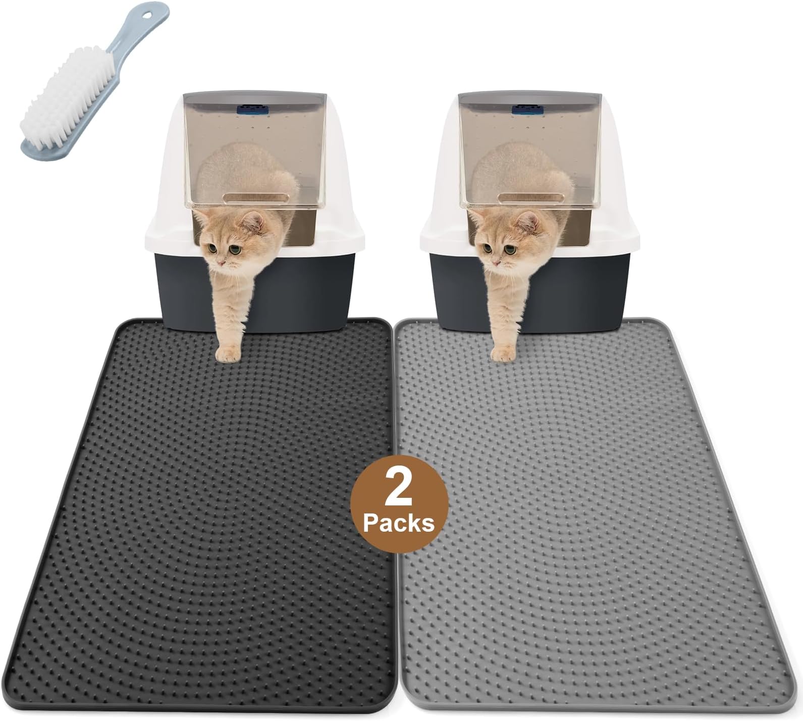 Cat Litter Mat, 2PCS Litter Trapping Mat Scatter Control Silicone Pet Litter Mat Waterpoof Non-Slip Washable Kitten Cat Mat for Toilet (Gray&Black)
