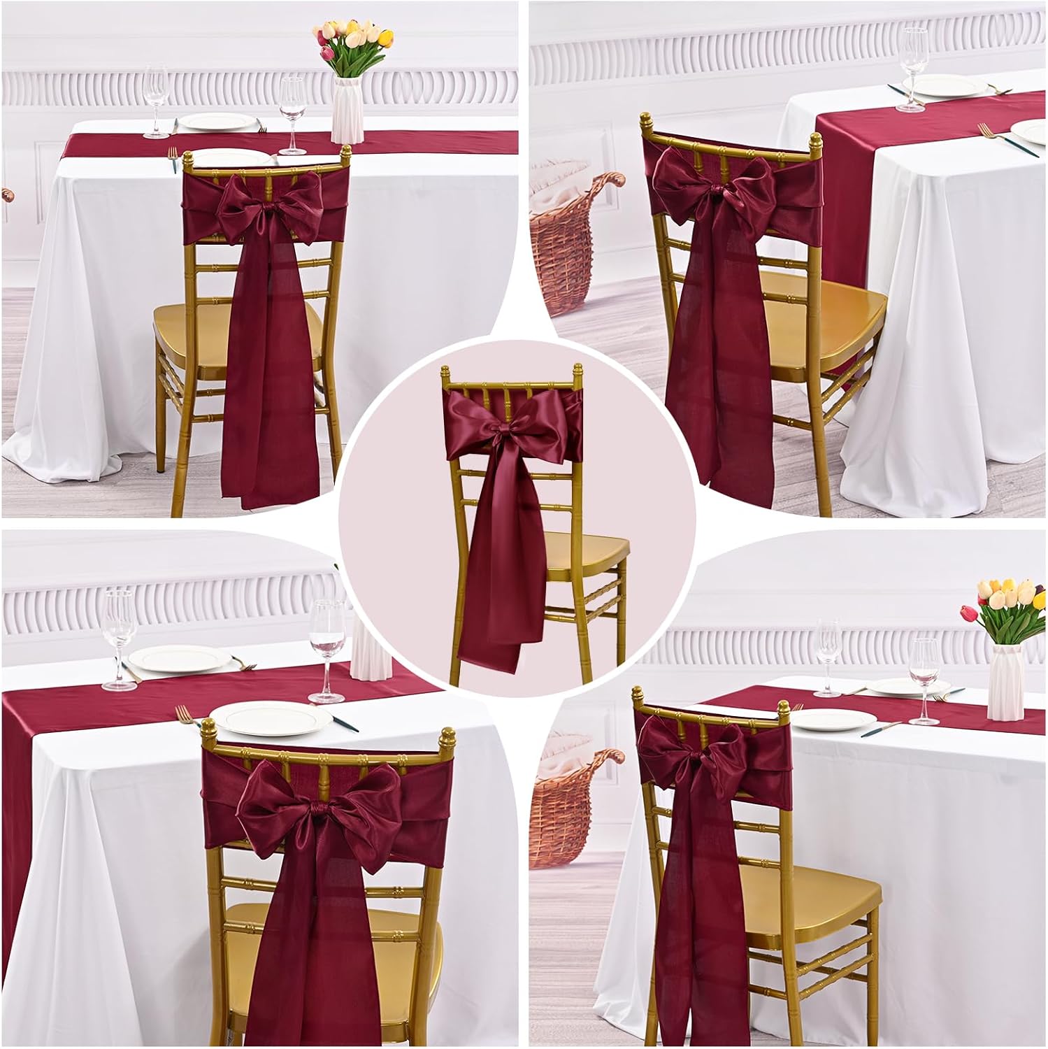 Showgeous 60 PCS Burgundy Satin Chair Sashes Bows Decoration Chair Cover for Wedding Reception, 7 x 78 inch Chair Ribbons Bows for Banquet Party Baby Shower Event Decorations