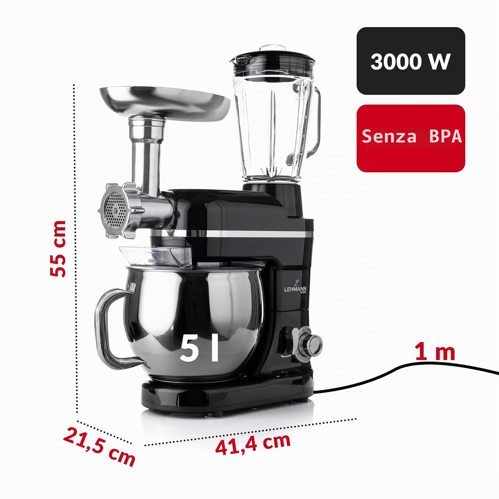 Lehmann Robot da Cucina Universale 3 in 1 Set | Mescolatore con Sistema di Agitazione Planetaria | Robot Multifunzione con Tritacarne | Con Spremiagrumi da 1,5 L e Ciotola in Acciaio Inox da 5 L