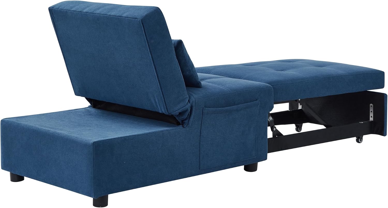 Blue convertible sofa fully extended into a bed.