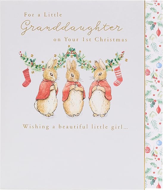 UK Greetings Rabbit Granddaughter 1st Xmas Christmas Card with Envelope - Sweet Design, Holly and Stockings, Multi