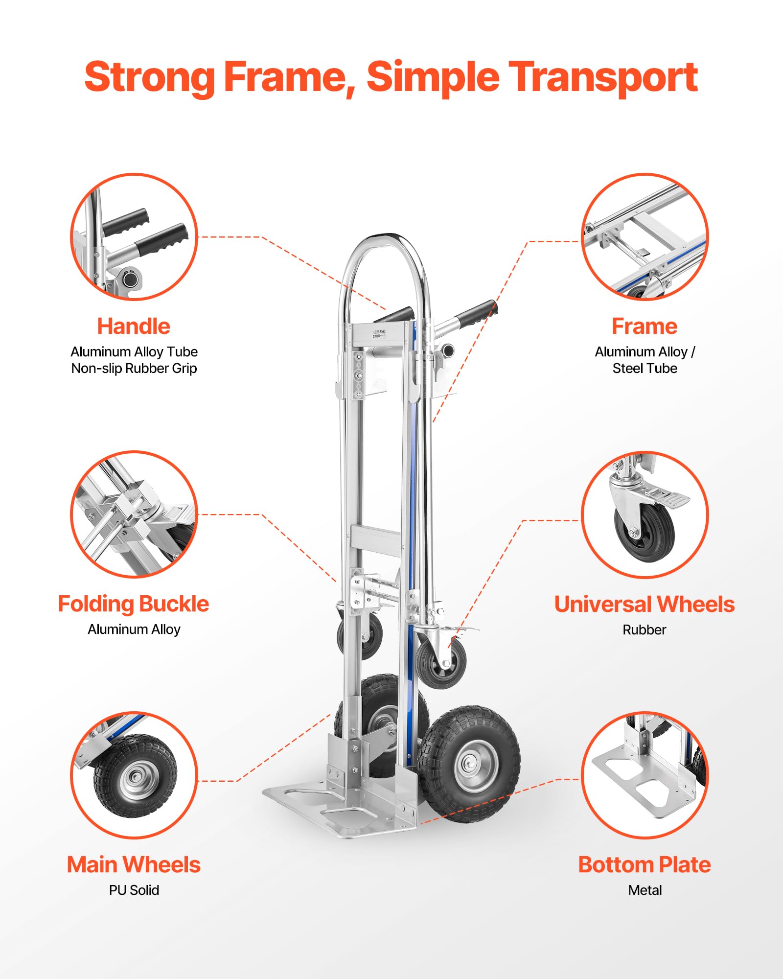 VEVOR 2-in-1-Sackkarre 454 kg, Transportkarre im 4-Rad-Modus, Umwandelbarer Plattformwagen mit Rutschfestem Griff, Tragbarer Handwagen Transportwagen, Trolley für Umzüge, Büro, Lager, Supermarkt