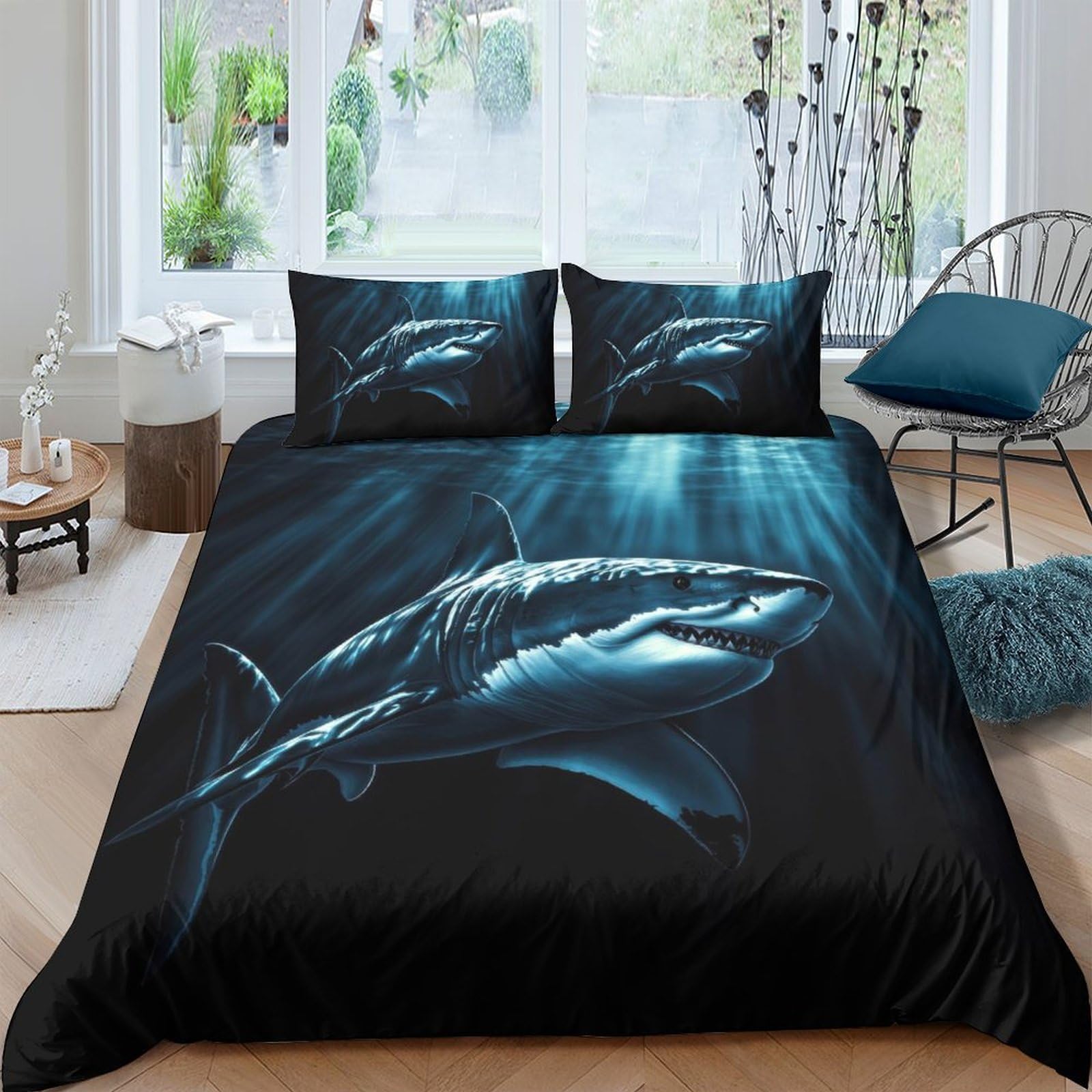 GPLZQXKJNH 3D Printed Shark Ocean Duvet Cover Set Microfiber Soft Breathable Marine Animal Bedding Set with 2 Pillowcases for Bedroom Decor Single（135x200cm）
