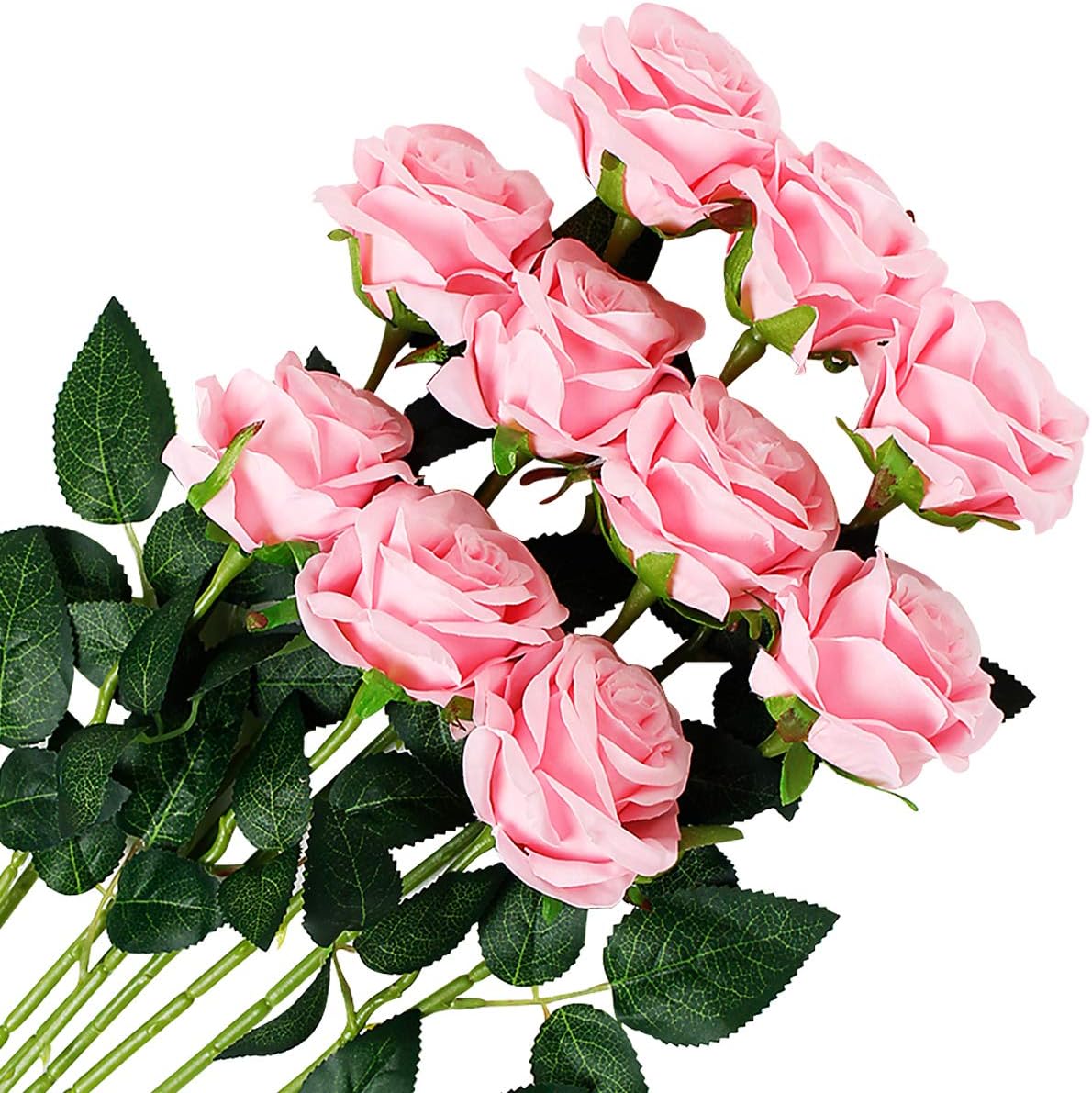 Veryhome 10 Pcs Artificial Roses Silk Flowers Fake Single Stem Blooming Rose Bridal Bouqets For Wedding Home Birthday Party Arrangment Garden Decoration (Pink)