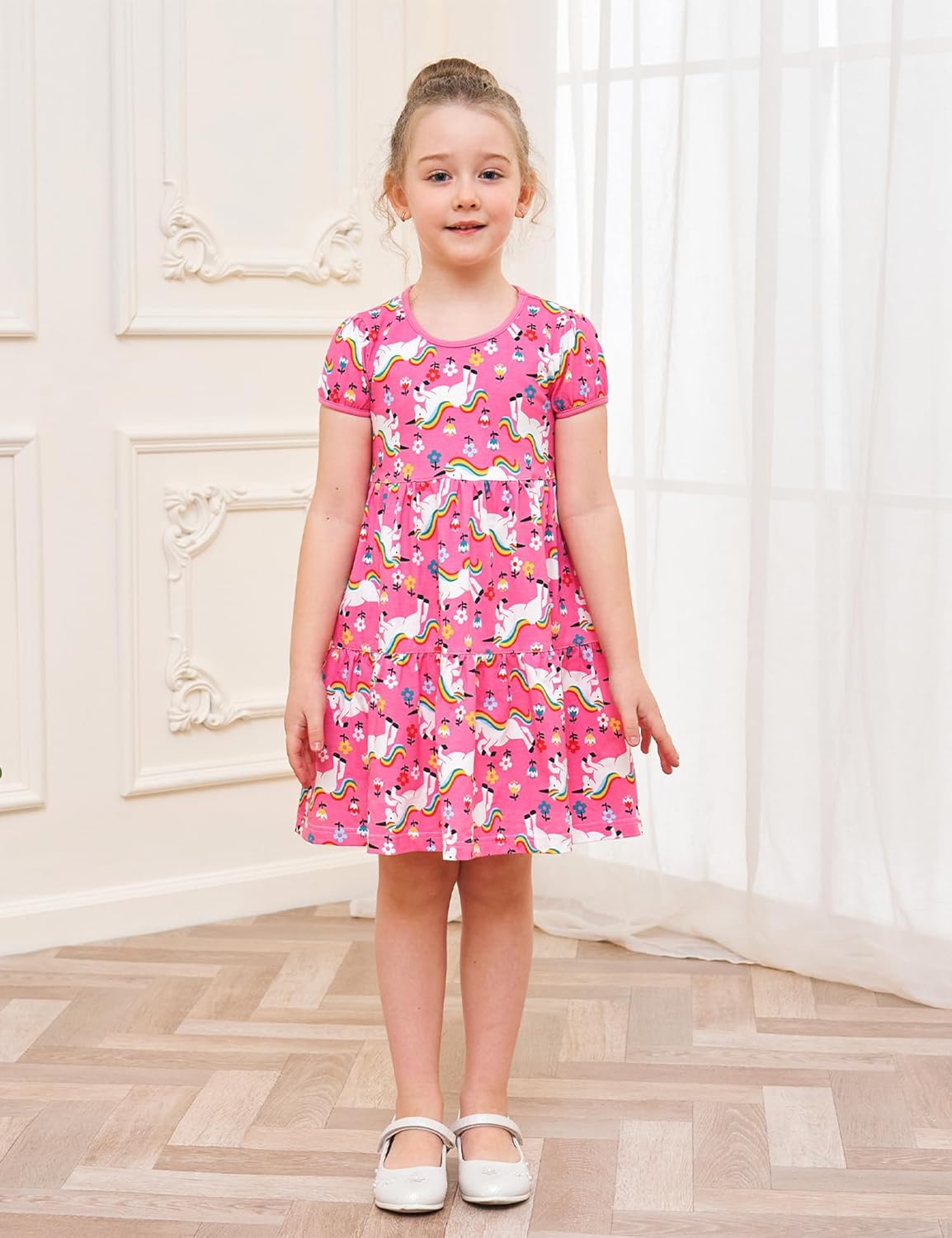 Bumeex Girl's Dresses Cotton Ruffle Sleeve Tiered Swing A-Line Cute Midi Casual Sundress - Image 2