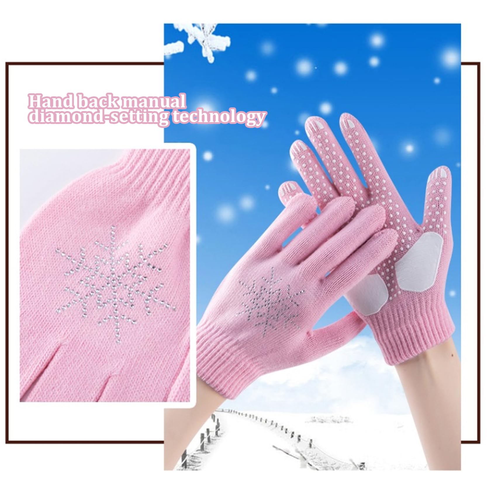Gants de Patinage, Gants de Patinage sur Glace pour Enfants, Tricot épais antidérapant, Artistique avec Flocons Neige en Strass, Accessoires Glace d'hiver Chauds pour Le Cyclisme, la r