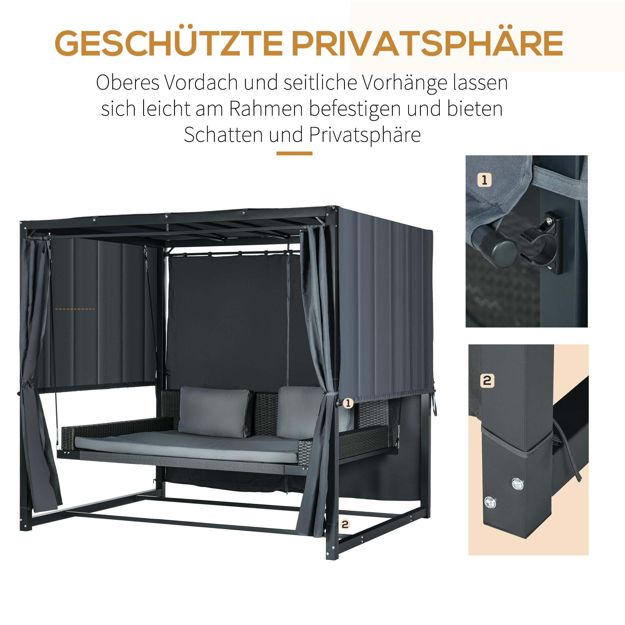 Outsunny Hollywoodschaukel mit Pergola, wetterbeständige Gartenschaukel mit Kissen, Schaukelbett für Balkon, Garten, 235 x 180 x 210 cm, Dunkelgrau