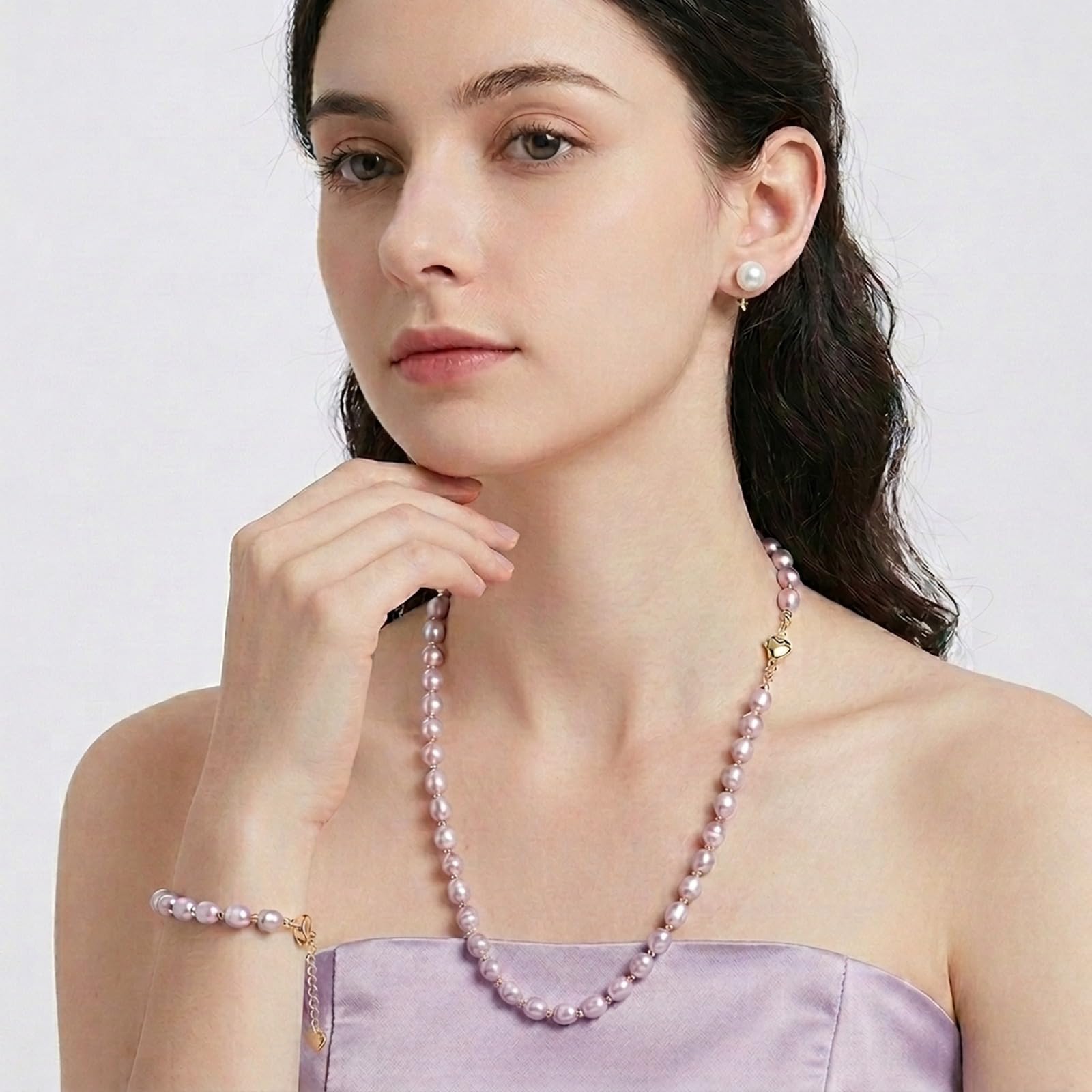 Parure di gioielli da donna con perle d'acqua dolce – collana di perle di riso naturali lavanda da 6 – 7 mm, bracciale e orecchini – accenti dorati