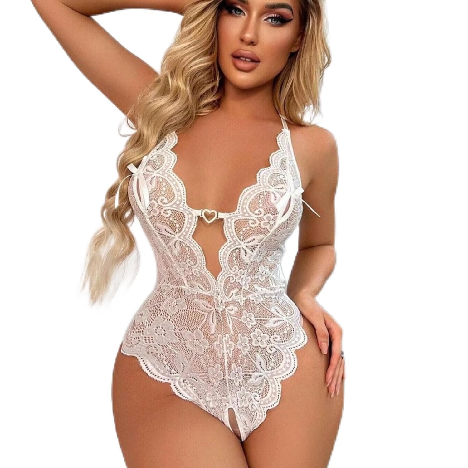 Lingerie feminina de uma peça sexy com gola V, body de renda, mini babydoll