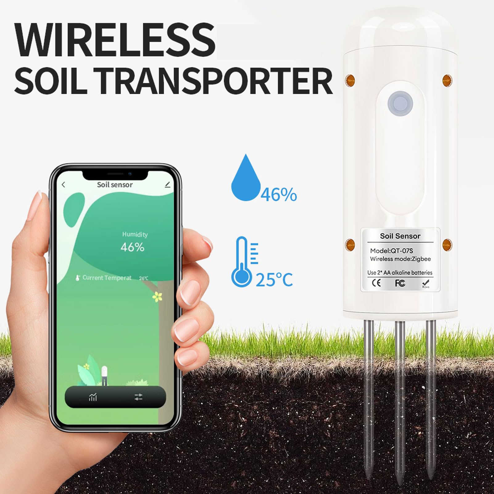 Asixxsix Bodenfeuchtemessgerät, kabelloses Bodentemperatur- und Feuchtigkeitsmessgerät, wasserdichtes Bodentest-Set, Bodentestgerät für Garten, Rasen, Pflanzenpflege, Bauernhof