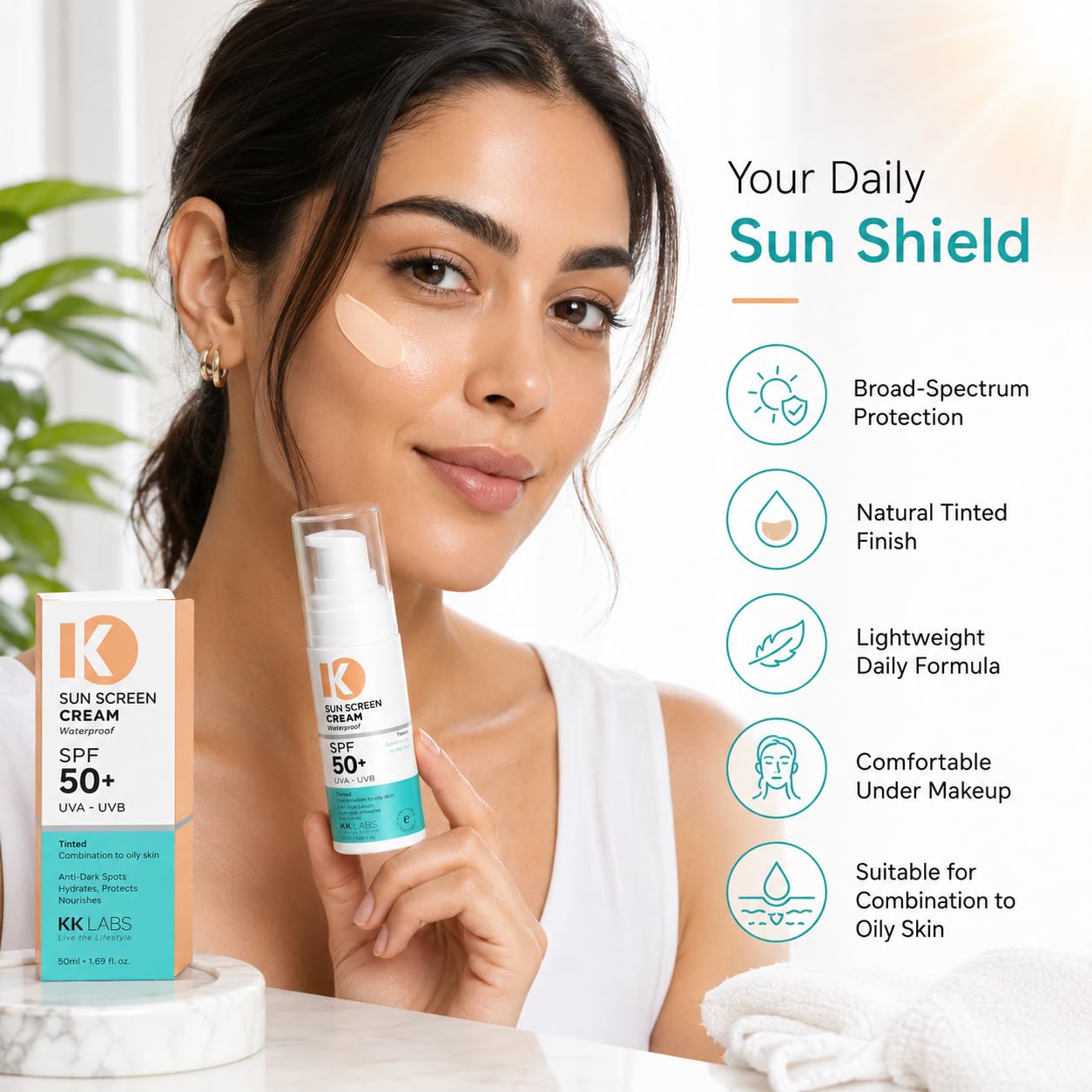 KK Labs Tinted Sun Cream for Combination to Oily Skin 50ml - Daily Facial Sunscreen with a Tint That Evens Skin Tone and Controls Shine for a Natural, Matte Complexion, Men and Women
