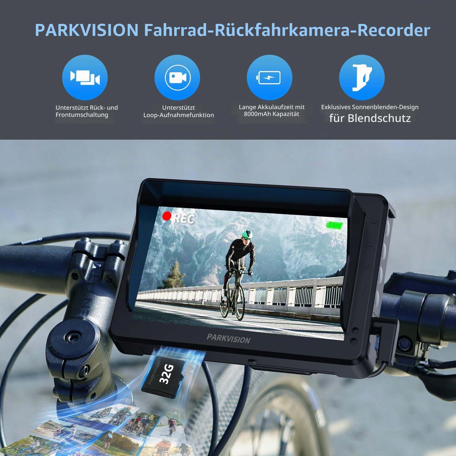 PARKVISION Fahrrad-Rückspiegel Kamera 4,3" 1080P Loop, 8000mAh