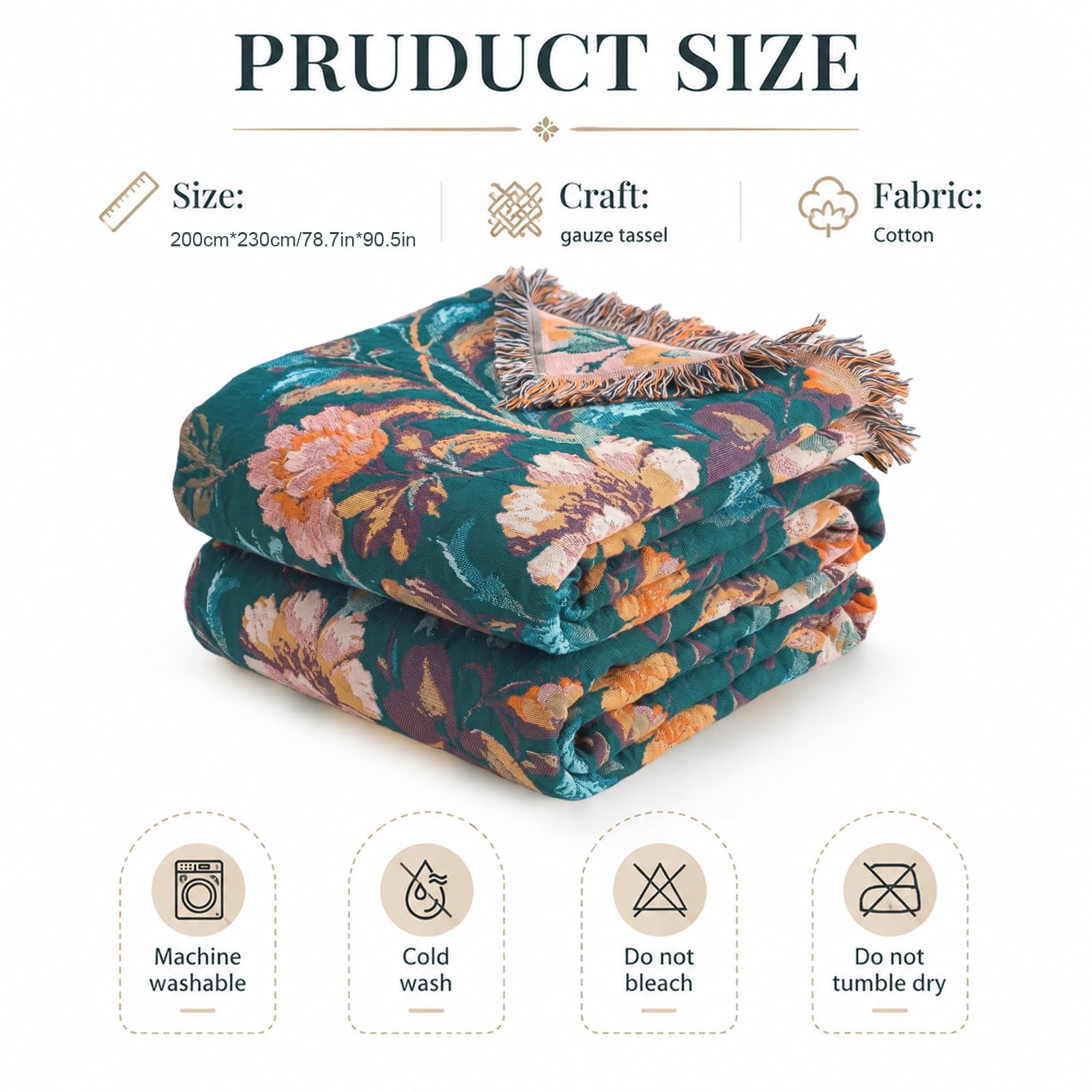 Manta de muselina de 200 x 230 cm, 100% algodón, jacquard bohemio, con flecos, diseño floral, manta de muselina para adultos como manta de sofá y colcha para sofá y cama