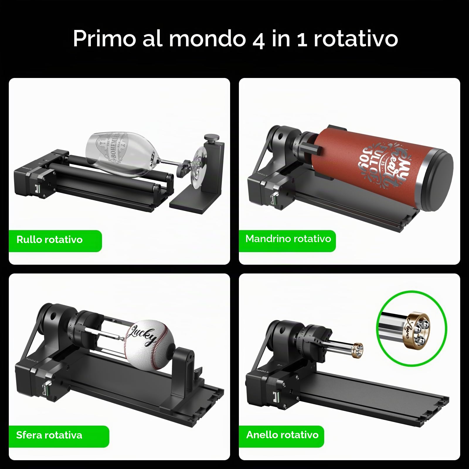 xTool RA2 Pro 4 in 1, Rotatore Laser per xTool S1/M1 Ultra/ F1 Ultra/F1/P2/D1 Pro, Mandrino Laser a Tamburo Rotante, Incisione di Oggetti Cilindrici, Bicchieri da Vino, Anelli, Sfere, Accessorio