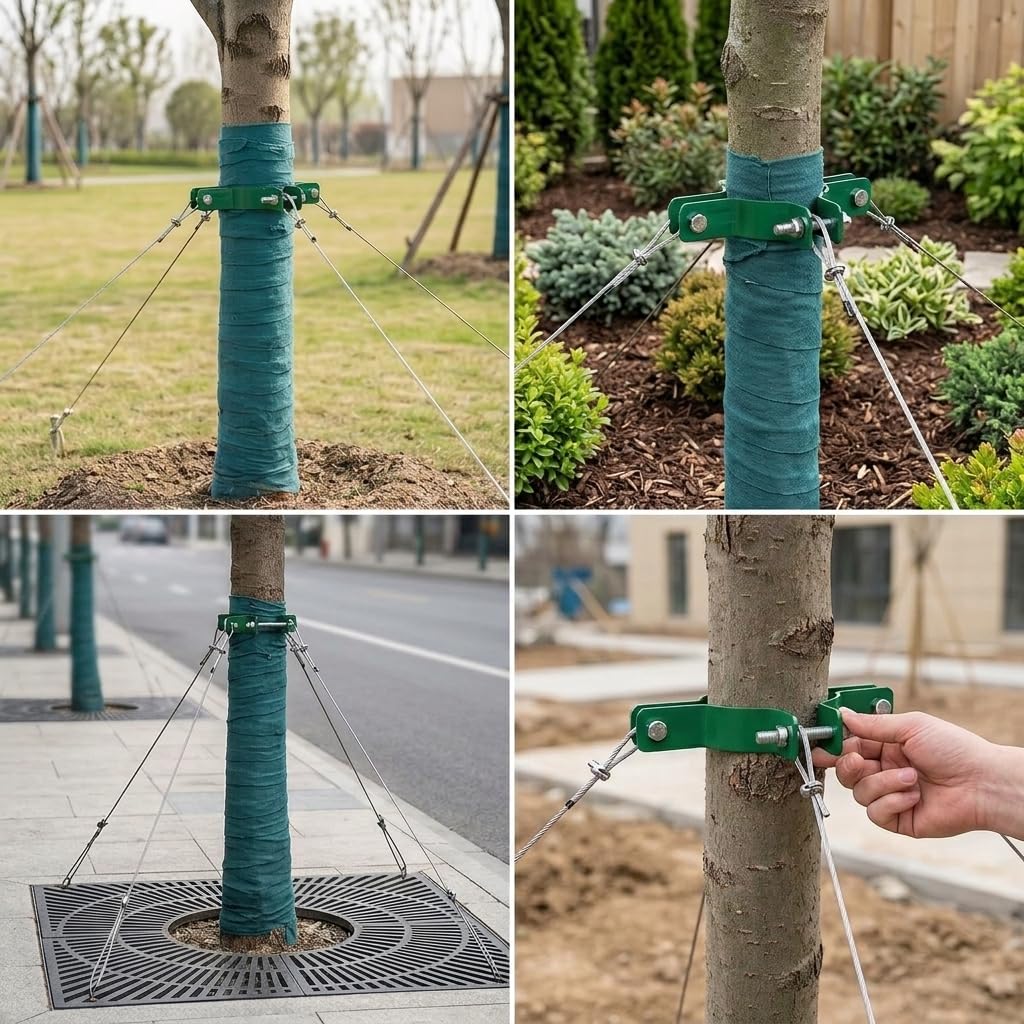 Kit Fijación para Árboles con Cuerda Metálica y Tensores - Protege Árboles Inclinados y Recién para Jardines, Color Original galvanizado, 4 Metros