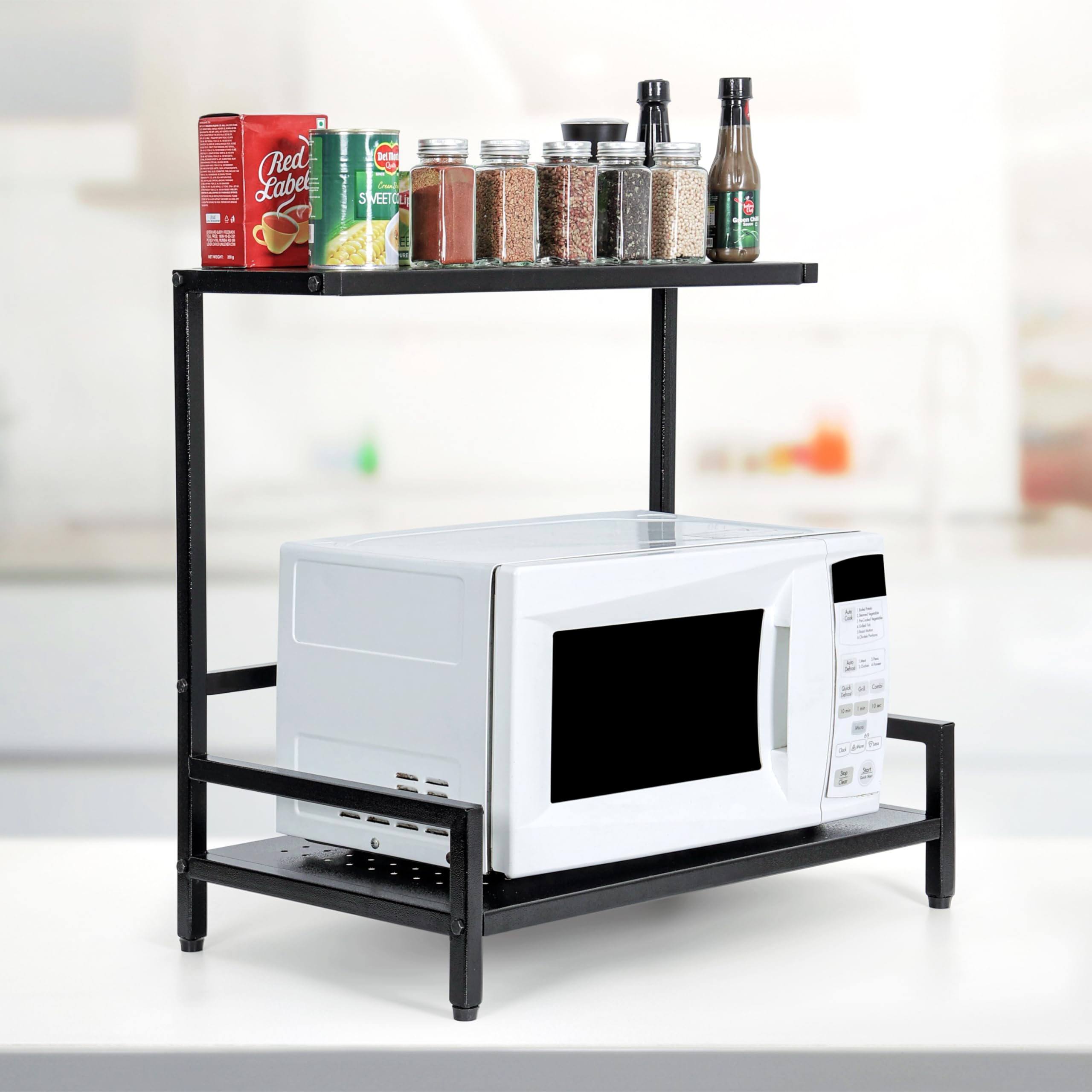Livzing 2 Tier Metal Microwave & Oven Rack for Kitchen Platform | OTG Countertop Storage Shelf | Multi-Purpose Kitchen Organizer - Black (Up to 30L)