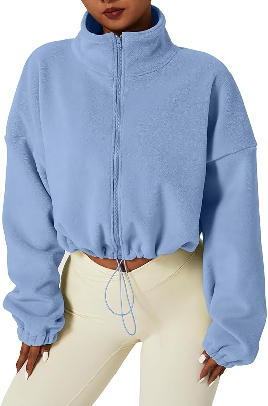 Women's Full Zip Fleece Short Jacket Warm Winter Long Sleeve Stand Collar Sherpa Crop Coat