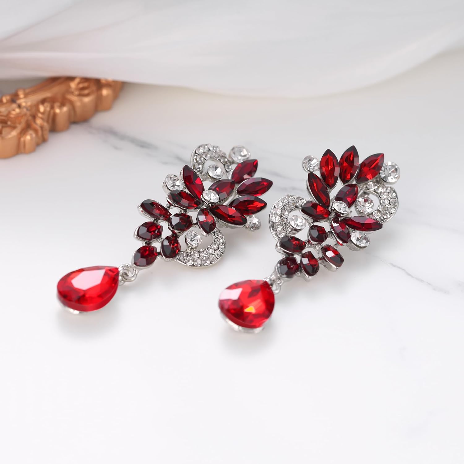 BriLove Women's Bohemian Boho Crystal Flower Wedding Bridal Chandelier Teardrop Bling Clip-On Dangle Earrings - Image 4