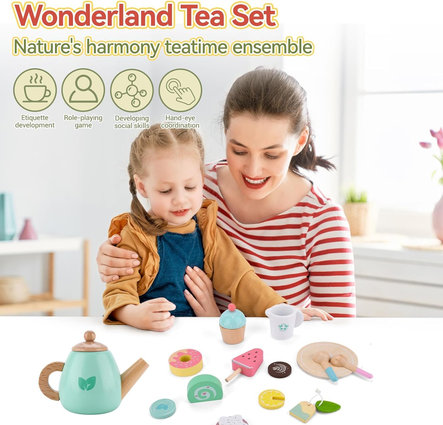 Teeservice Kinder Holz,Teeservice Kinderküche Zubehör,Holzspielzeug Küchenzubehör mit Teekanne,Tassen,Dessert-Spielzeug,Löffeln & Zubehör,Holzspielzeug Geschenk für Mädchen Jungen ab 3 Jahre
