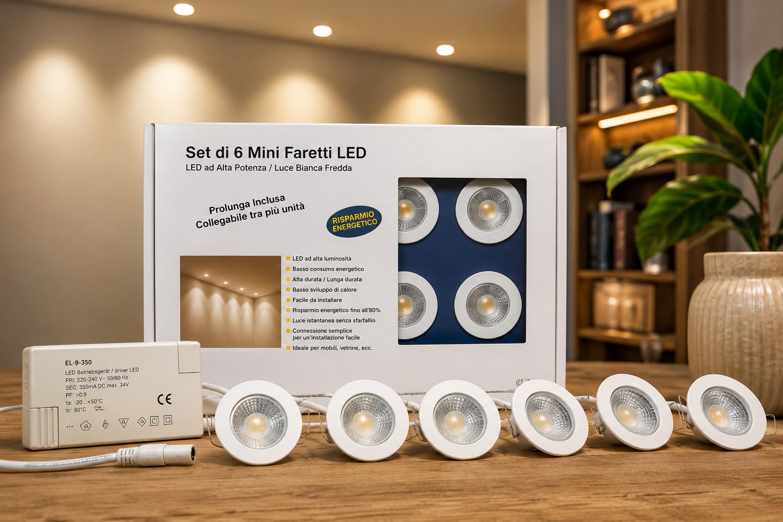 Generico Set di 6 Mini Faretti LED da Incasso, 1,2W per Spot, Luce Bianca Calda, Foro 40 mm, Driver EL-9-350 Incluso, Collegabili, Basso Consumo, Made in Germany