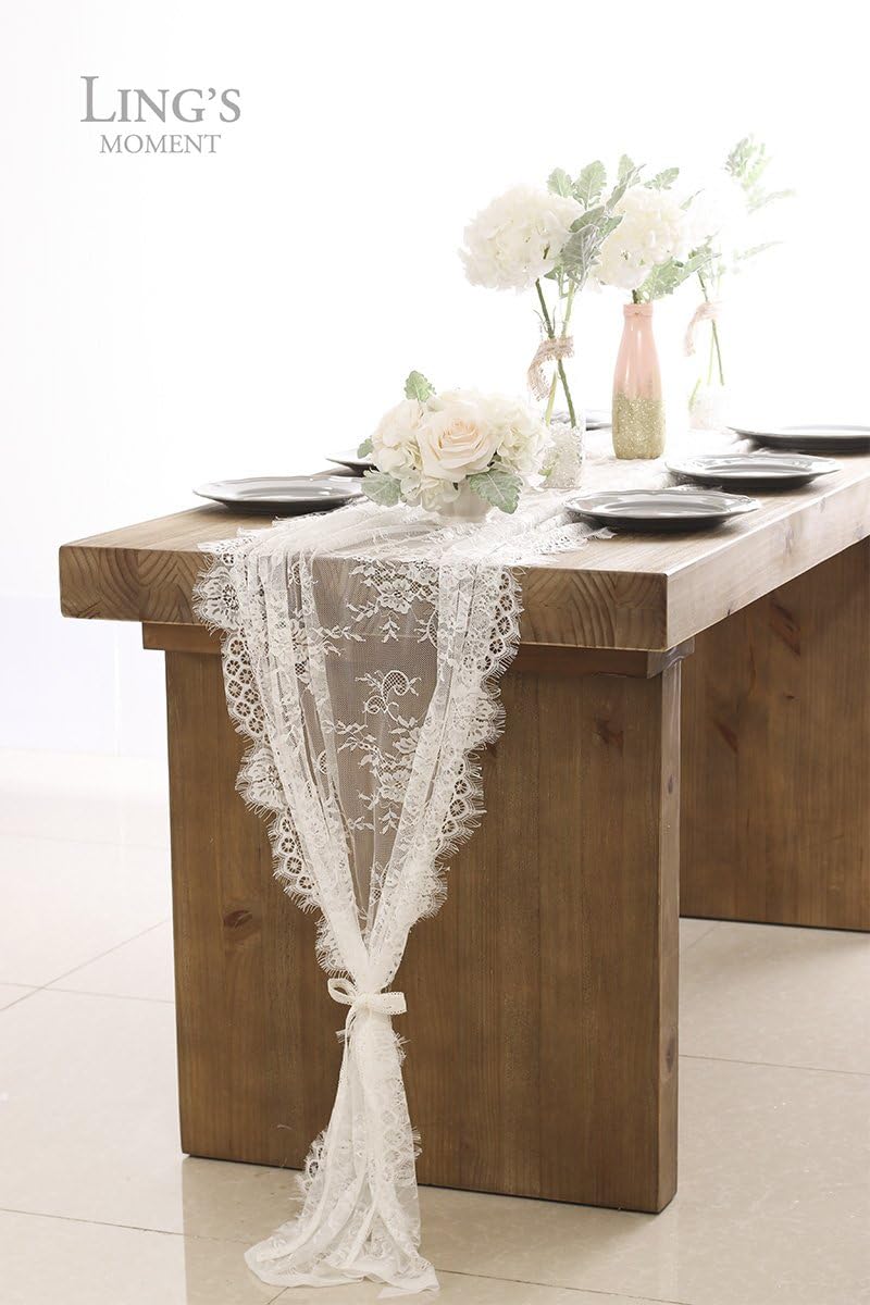 Ling's moment White Floral Lace Table Runner 32 x 120 Inches for Rustic Country Wedding Party, Bridal Shower, Baby Shower, Candlelight Dinners