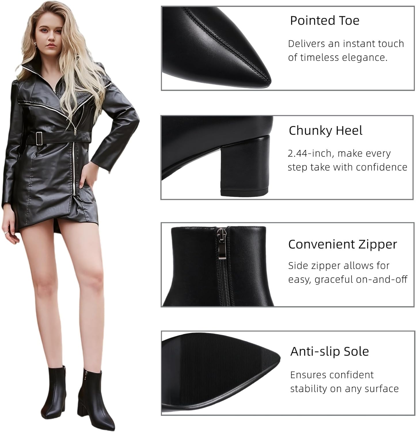 Women's Ankle Boots Pointed Toe Chunky Block Heel Short Boots for Women Low Heeled Booties - Image 4