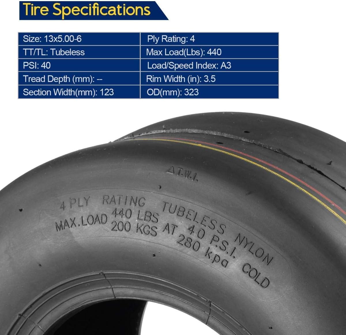 MaxAuto 13x5.0-6 & 23x10.5-12 Lawn Mower Tires 4-Ply Tubeless Turf Tire, 13x5x6 and 23x10.5x12 Golf Garden Cart Riding Tractor Turf Tires, 4 Pack in 2 Packages