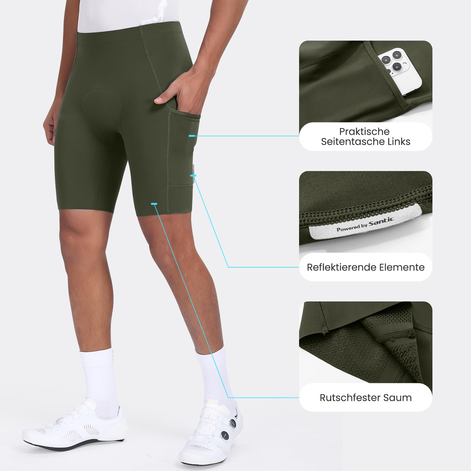 Santic Pantalones cortos de ciclismo para hombre, acolchados, con acolchado