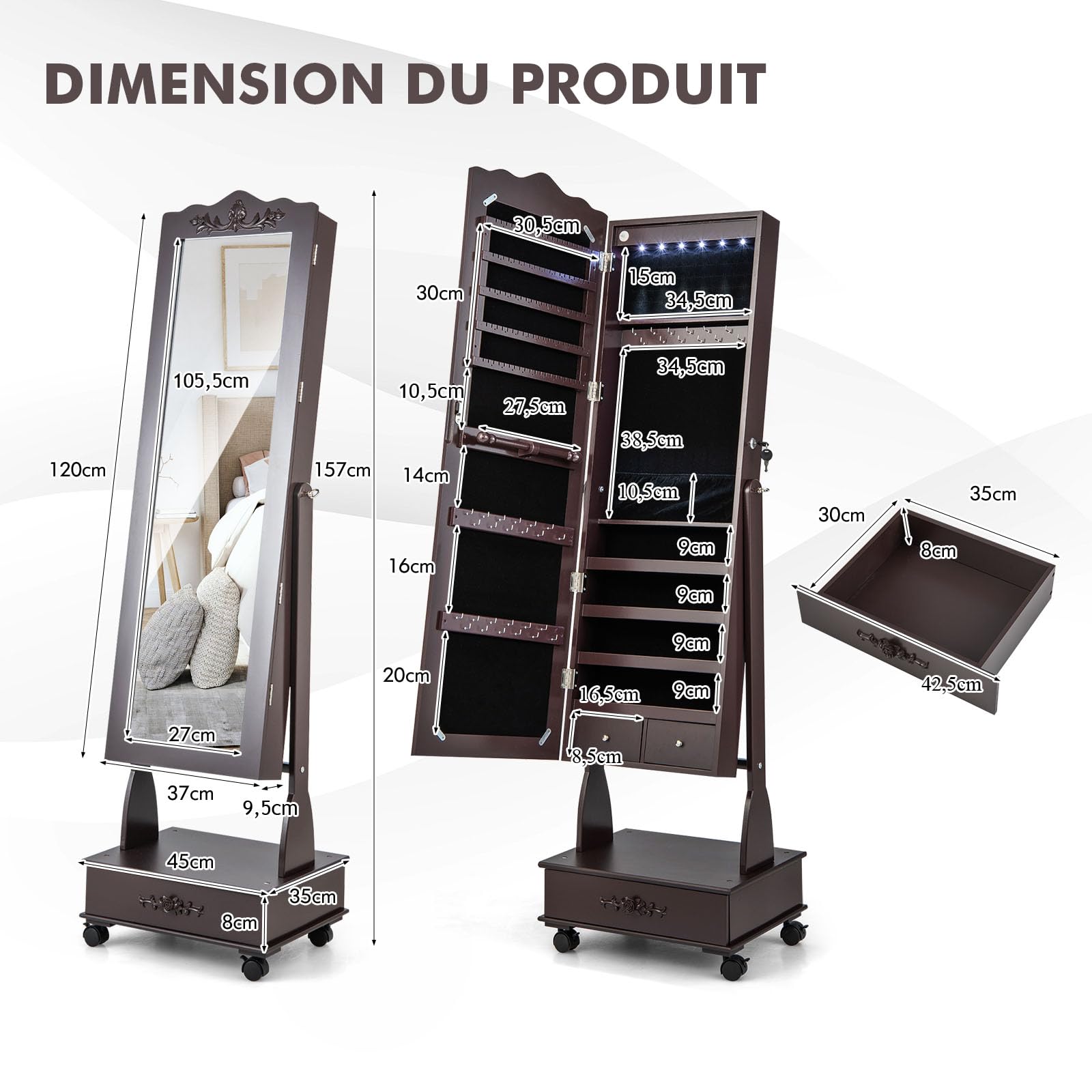 GOPLUS Armoire à Bijoux à Roulettes, Armoire a Bijoux avec Miroir sur Pied avec Lumières LED, 3 Angles Réglables, Organisateur de Bijoux Verrouillable avec Grand Espace de Rangement (Marron)