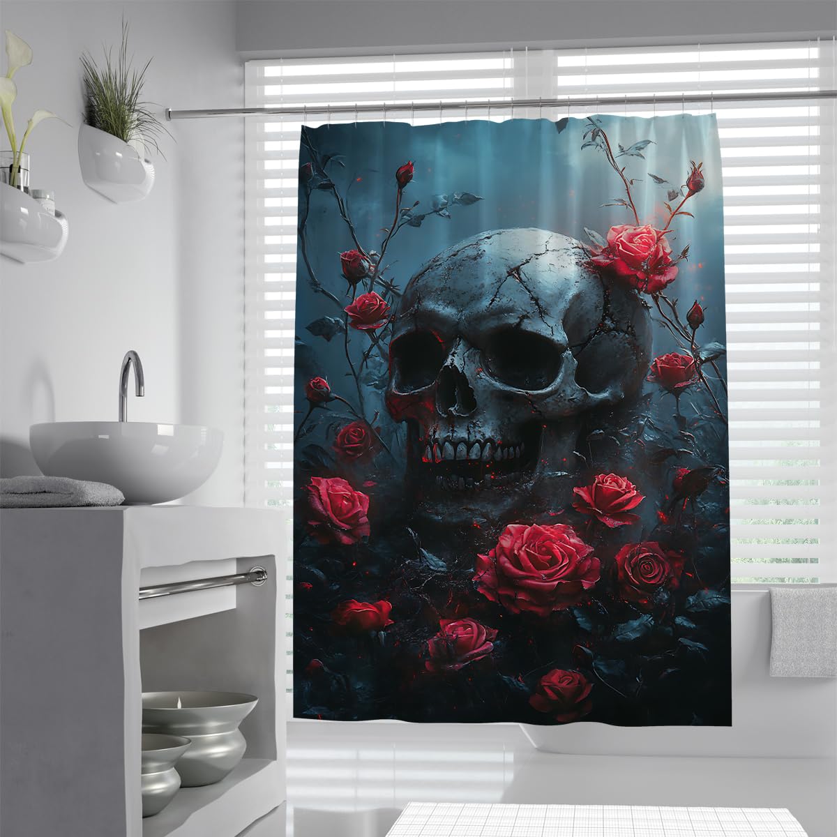 Uiringart Shower Curtains Gothic Skull And Red Roses Shower Curtain W120xl180cm Dark Aesthetic Skeleton Anti Mould Mildew Resistant Waterproof Fabric Bathroom Curtains With Hooks