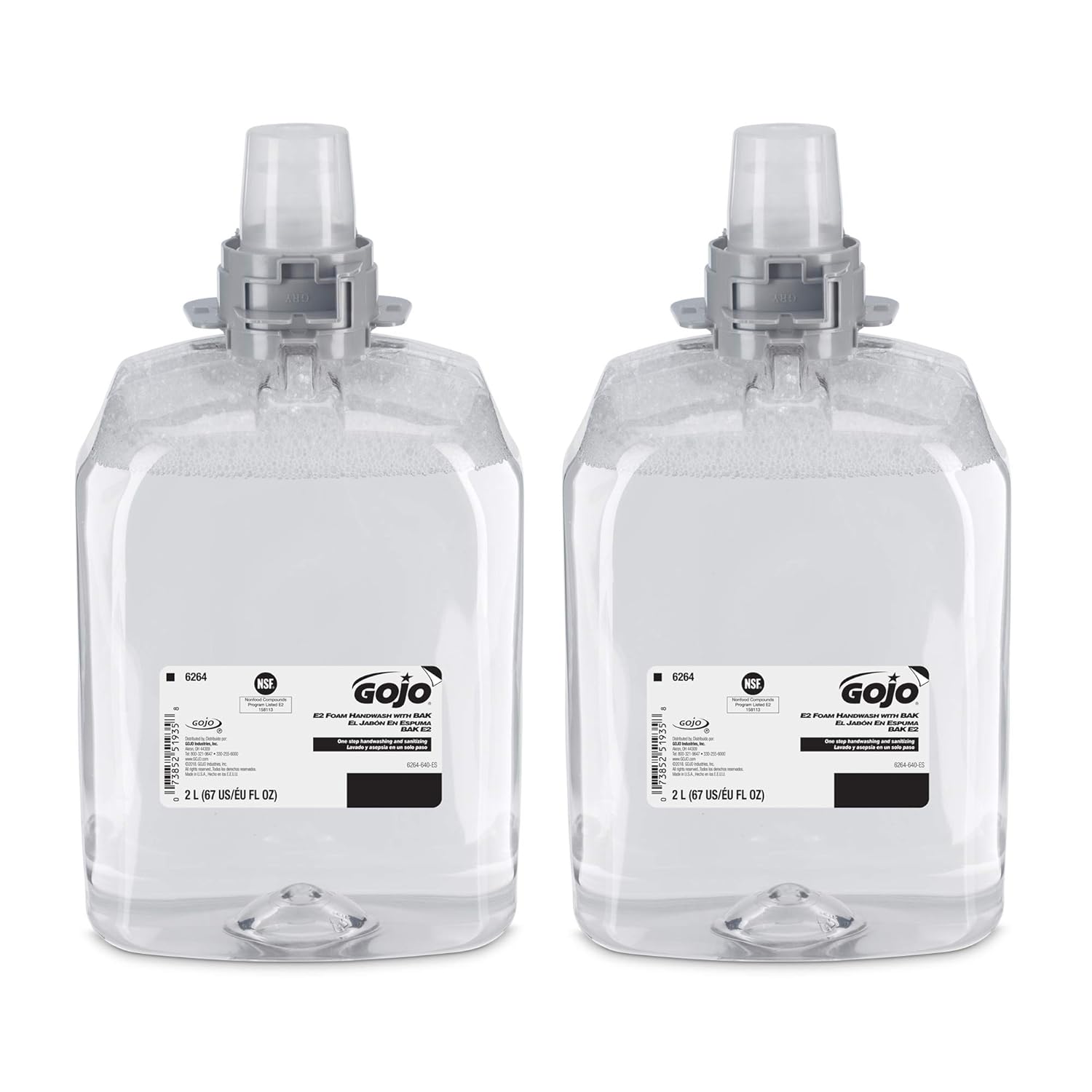 GOJO E2 Foam Handwash with BAK, Fragrance Free, 2000 mL Foam Hand Soap Refill FMX-20 Push-Style Dispenser (Pack of 2) - 6264-02