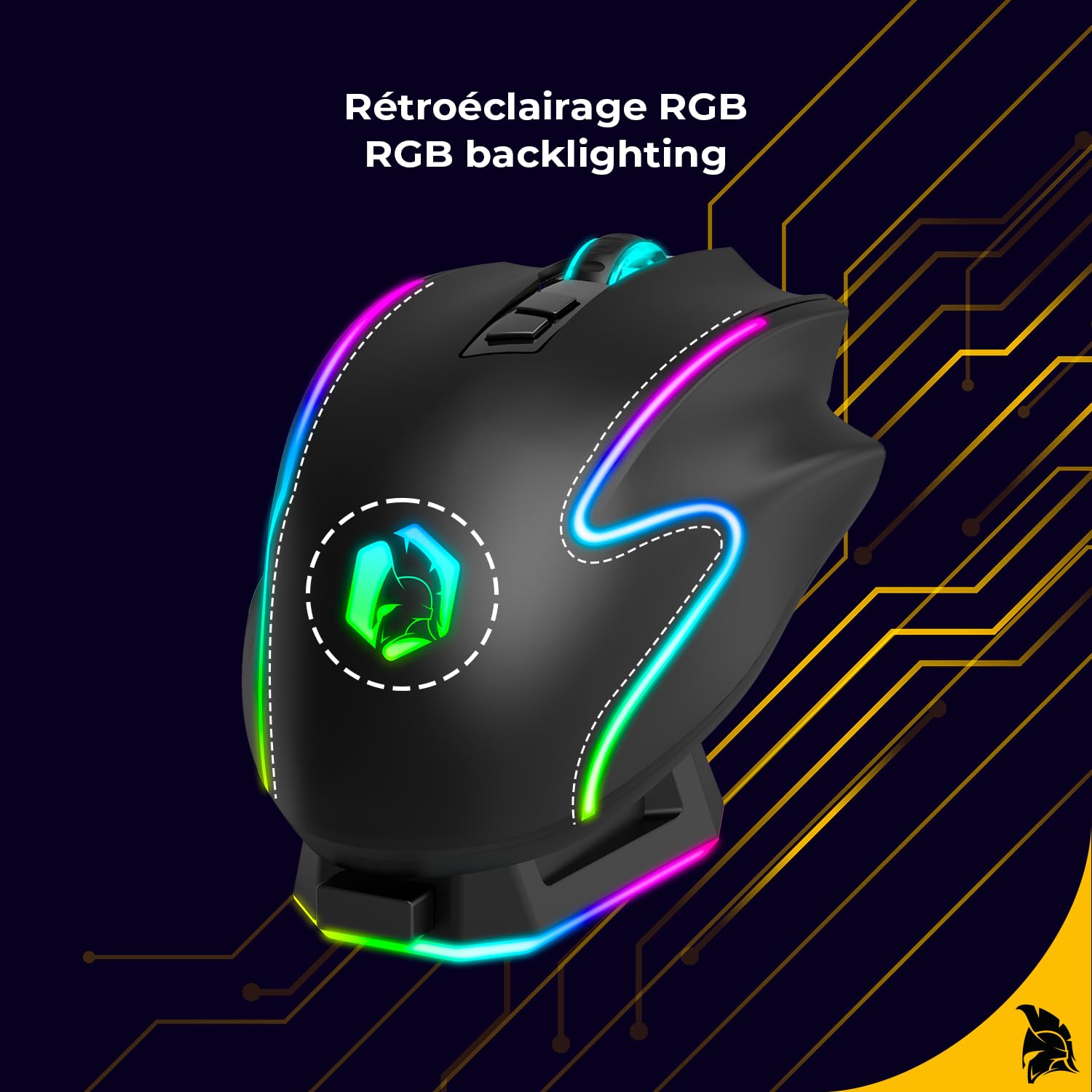 EMPIRE GAMING RF908 - Souris Gamers sans Fil Rechargeable avec Station de Recharge Magnétique RGB - 10000 DPI 8 Boutons Programmables Modes WiFi 2.4GHz / BT/Filaire Via USB-C (Noir)