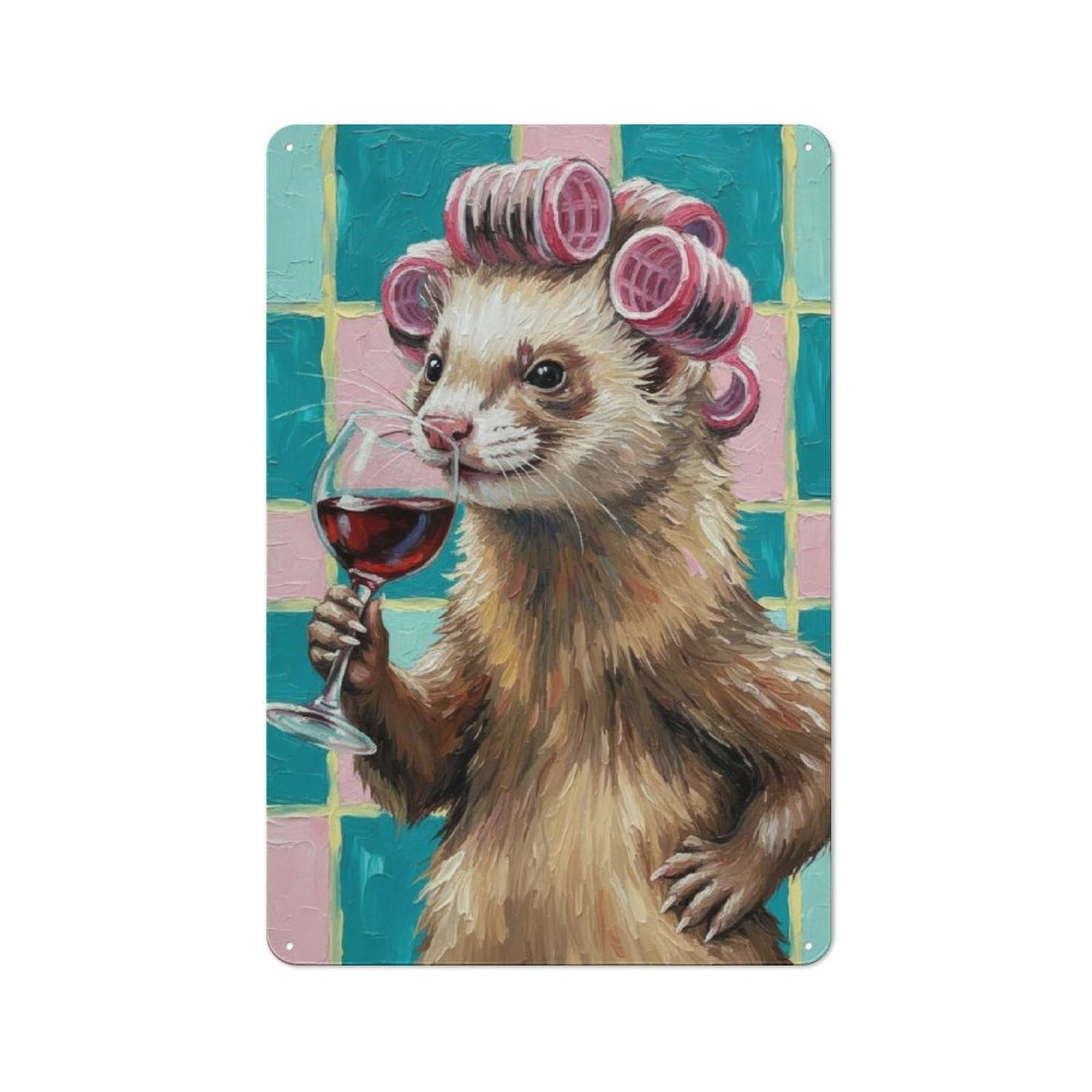 Ferret with Curlers Drinking Wine Painting Retro Metal Sign 30x20cm, Old Fashioned Retro Room Decor for Living Room, Hallway, Kitchen Or Cafe