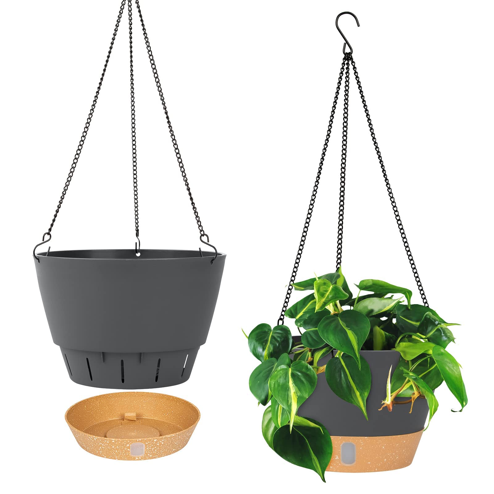 2 Pack Hanging Planters Set, 10 Inch Indoor Outdoor Hanging Plant Pot Basket, Hanging Flower Pot with Drainage Hole with 3 Hooks for Garden Home(Grey)