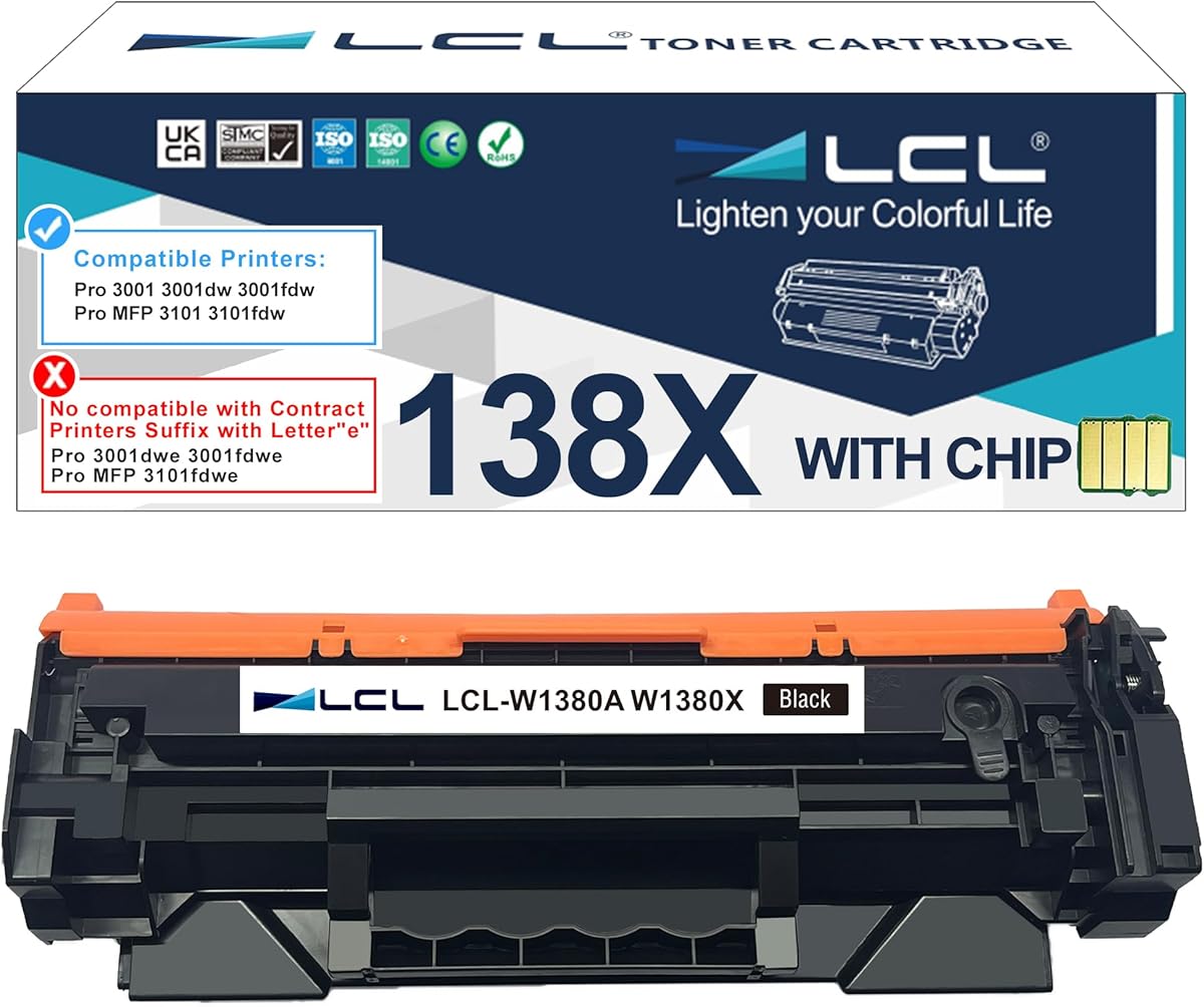 with Chip LCL 138X Black Toner Cartridge Replacement for HP 138A W1380A 138X W1380X Replacement for HP Laserjet Pro 3001 3001dw 3001fdw MFP 3101 3101fdw Printer (1-Pack)
