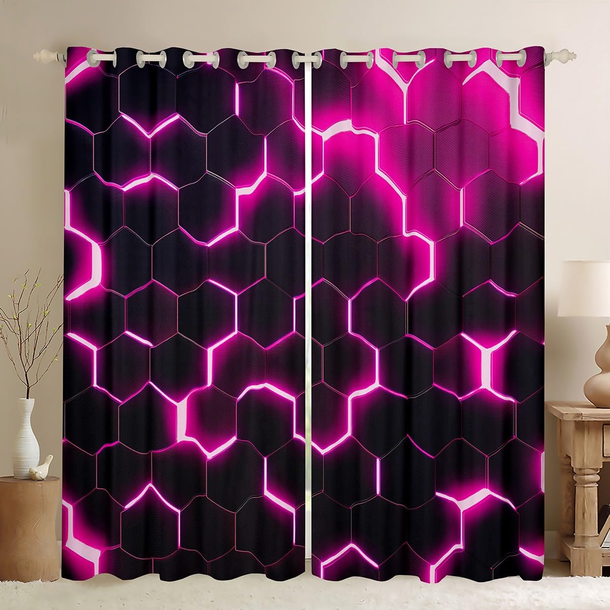 Homewish Modern Honeycomb Blackout Curtains 46 x 72 Inch - Neon Pink Hexagonal Pattern Eyelet Curtains for Living Room Bedroom Dorm - Cool Geometric Room Darkening Window Drapes 2 Panels — image 1